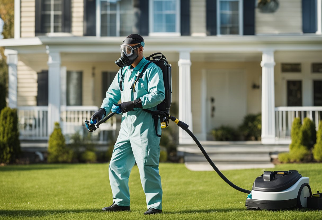 A pest control technician spraying a rental property for pests with professional equipment and wearing protective gear