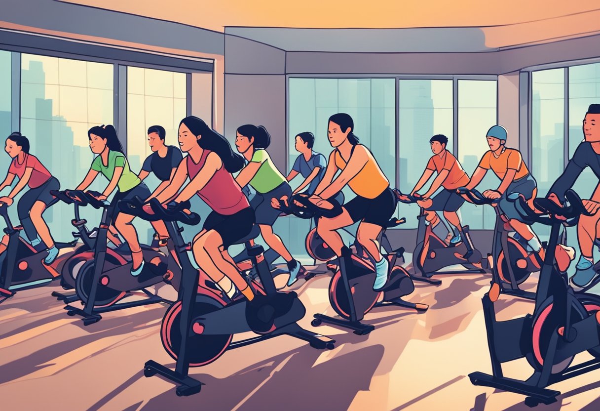 A dimly lit studio filled with stationary bikes, with energetic music blaring and participants pedaling furiously in a spin class in Singapore