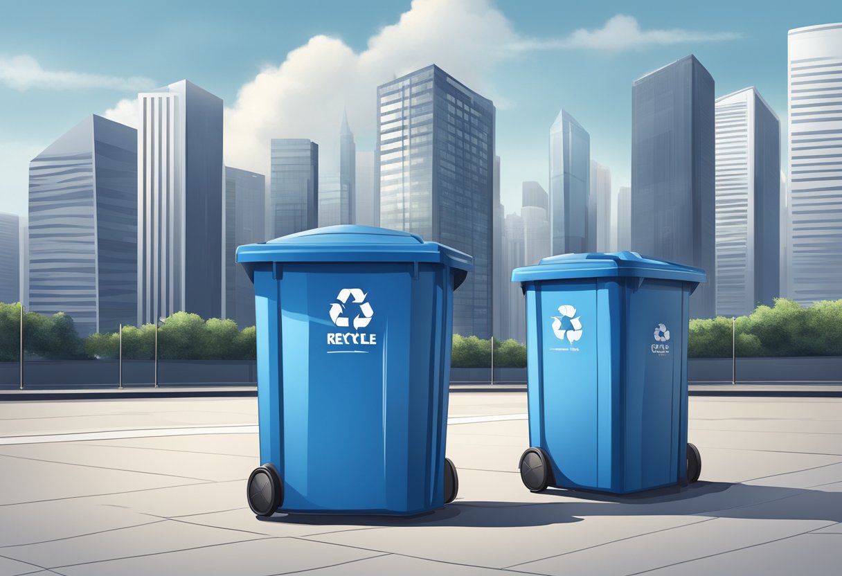 A blue recycle bin in a clean, urban setting with modern skyscrapers in the background