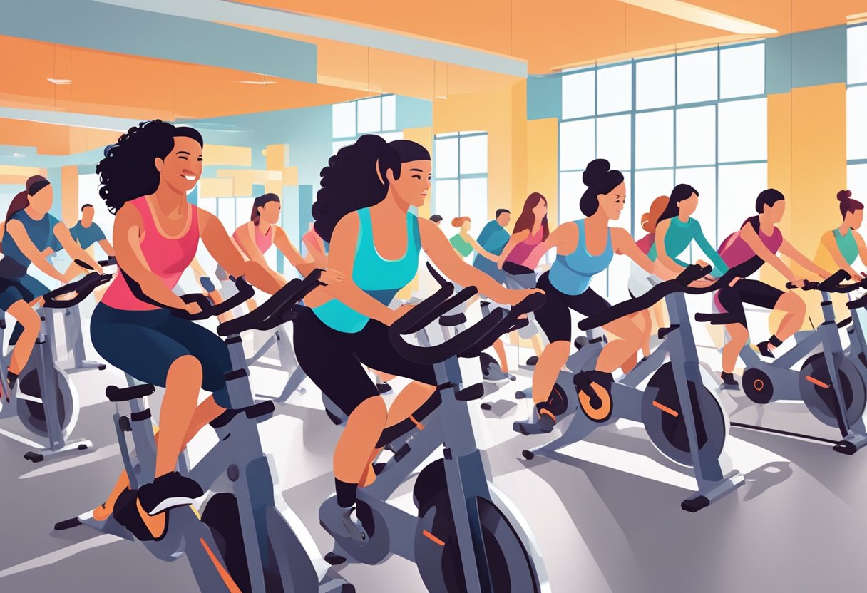 A brightly lit spin studio with rows of stationary bikes, energetic music playing, and a motivational instructor leading a class of enthusiastic participants
