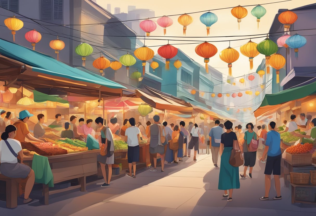 "Senryo Singapore" - A bustling street market with colorful stalls, crowded with locals and tourists. The aroma of sizzling street food fills the air as lanterns sway in the breeze