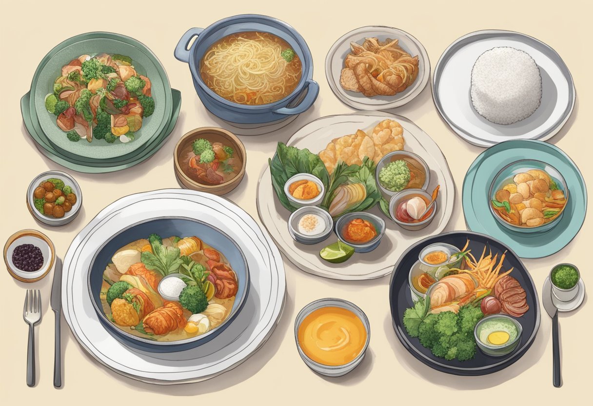 A table with a white tablecloth showcasing a variety of colorful and artfully arranged dishes labeled "Menu Highlights senryo singapore."