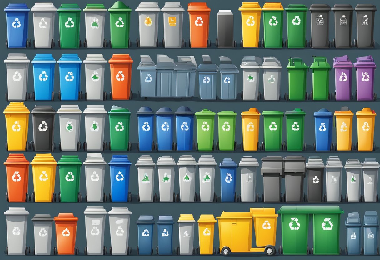 A colorful recycle bin in Singapore with separate compartments for different types of recyclables, such as paper, plastic, glass, and metal