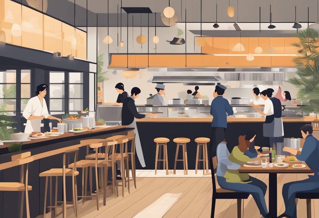 A bustling Japanese restaurant with sleek, minimalist decor and a sushi bar. Customers enjoy fresh seafood dishes while chefs skillfully prepare meals