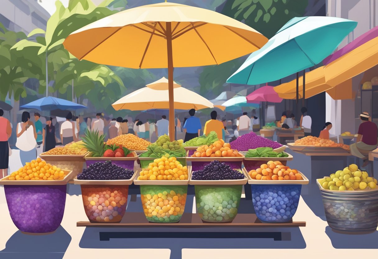 Acai bowls lined up on a vibrant Singapore street market, surrounded by tropical fruits and colorful umbrellas