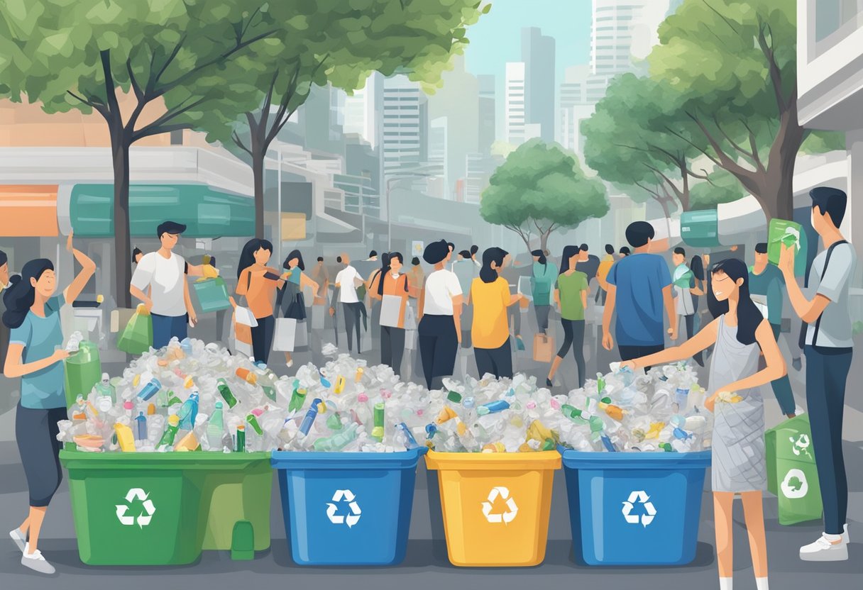 A recycling bin in Singapore overflows with plastic bottles and paper, while a group of people sorts and separates recyclable materials nearby
