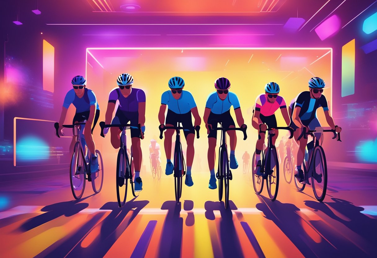 Cyclists pedal in unison to upbeat music in a dimly lit studio with colorful LED lights, creating an energetic and immersive atmosphere