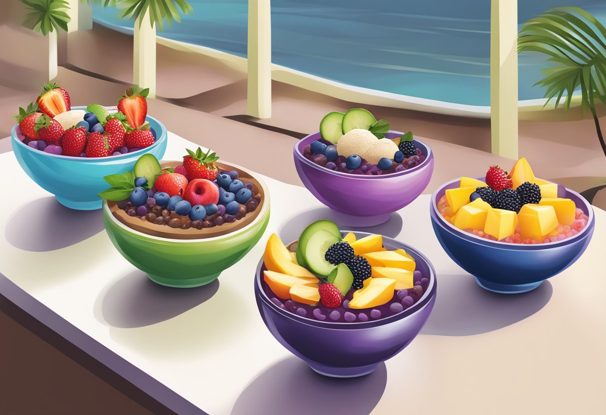 A table displays colorful acai bowls with fresh fruit toppings in a vibrant Singapore cafe