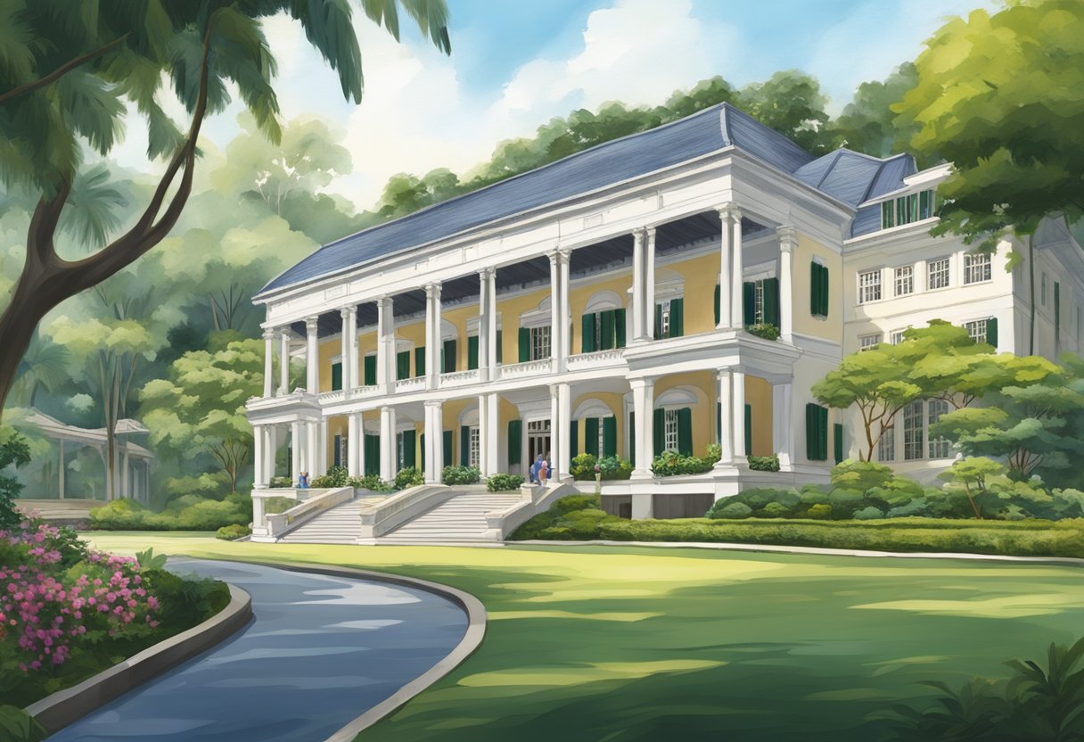 The grand colonial architecture of Tanglin Club, surrounded by lush greenery and historic artifacts, embodies the rich history and heritage of Singapore