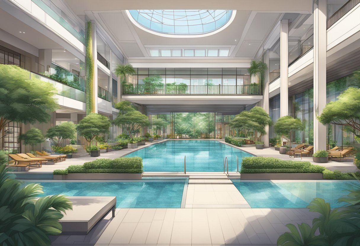 The Tanglin Club in Singapore features a grand entrance with lush landscaping, a modern gym, and a sparkling swimming pool