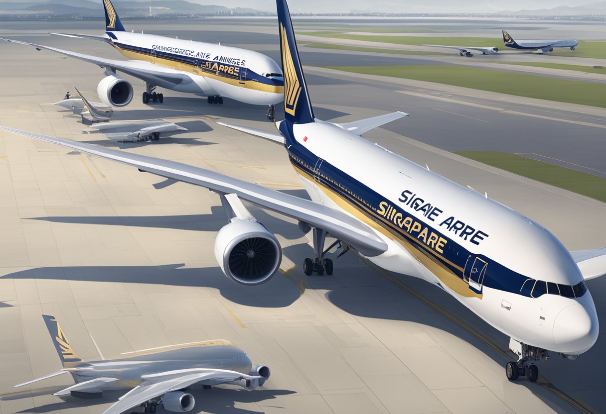 A row of Singapore Airlines aircraft lined up on the tarmac, with the iconic logo visible on the tail fins