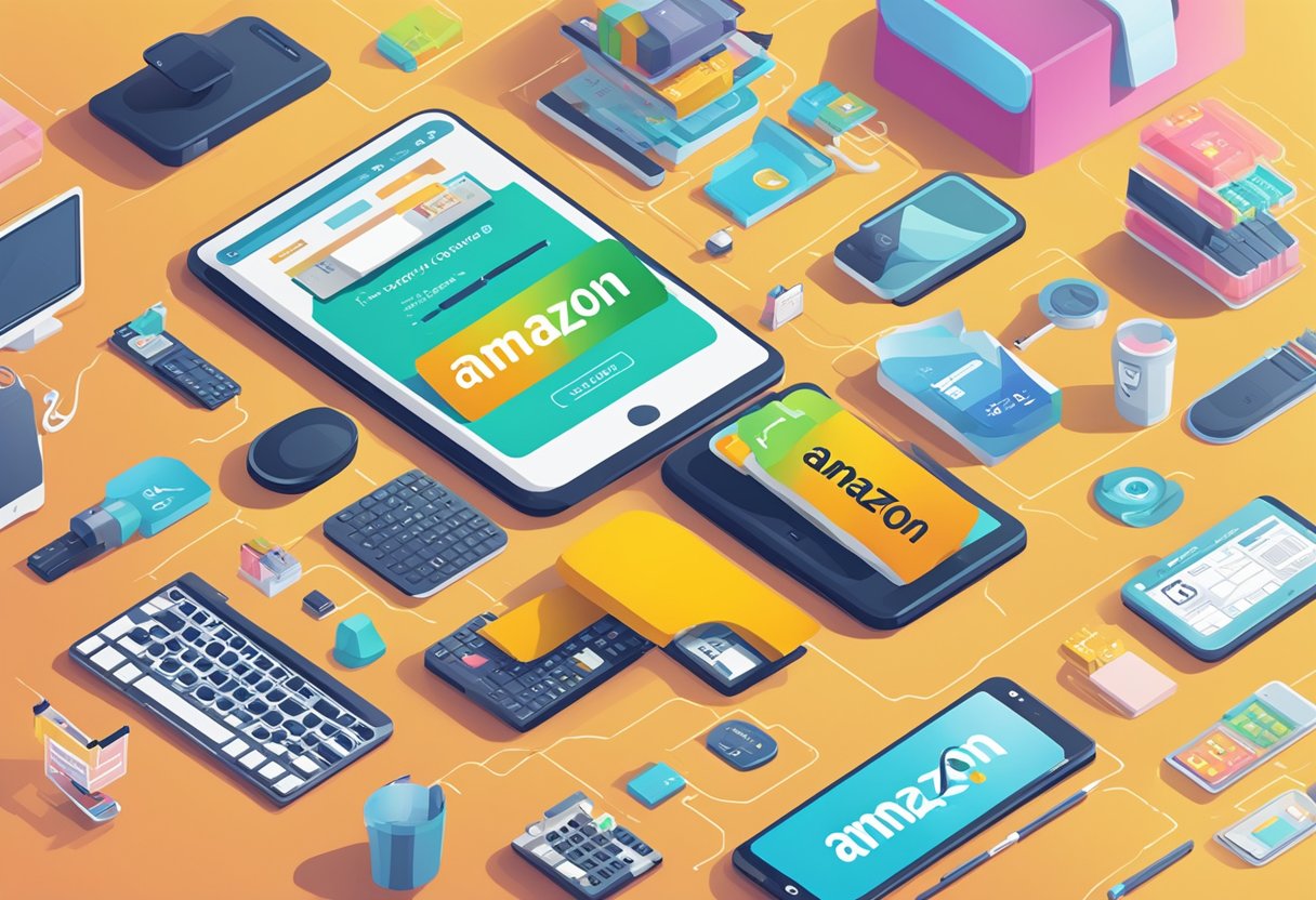 A digital device displays the Amazon logo with "promo code Singapore" text, surrounded by various products and a vibrant background