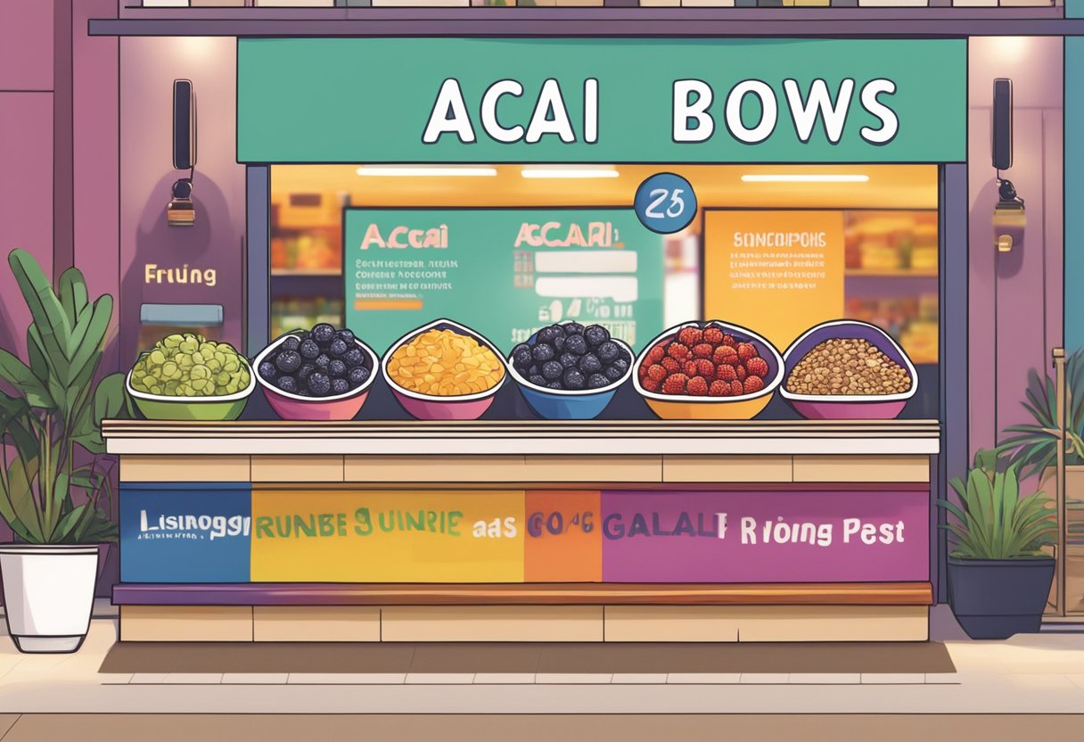 Acai bowls with various toppings, such as fruits and granola, are displayed next to a sign promoting their nutritional benefits and customisation options in a vibrant Singaporean cafe