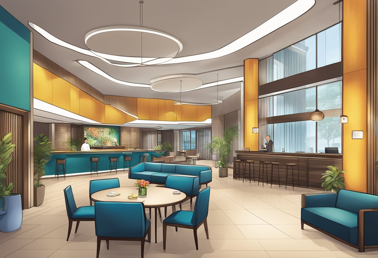 The bustling Tanglin Club in Singapore, with a vibrant mix of members and staff, features a modern reception area and a sleek, well-lit FAQ section