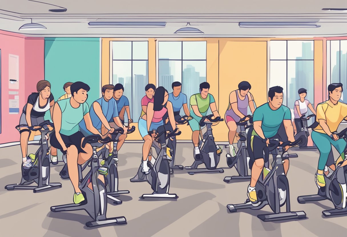 People in a spin class in Singapore, surrounded by stationary bikes, with an instructor leading the session