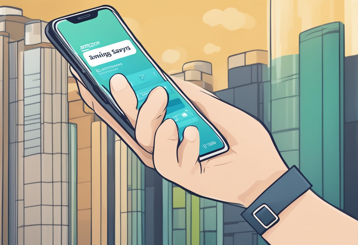 A hand reaches for a smartphone, entering an Amazon promo code in Singapore. A "unlocking savings" message appears on the screen