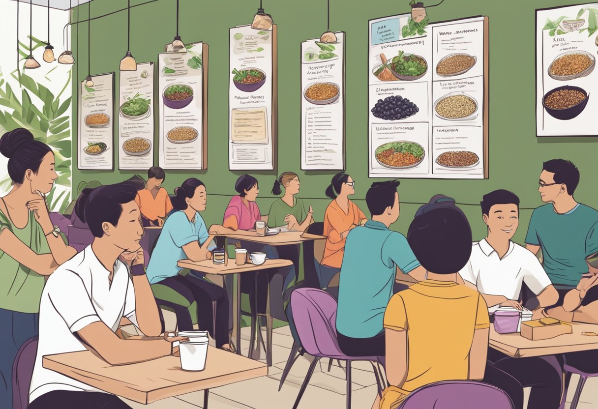 Acai bowls and customers at a bustling Singapore cafe, with a menu board displaying "Frequently Asked Questions" about the popular superfood dish