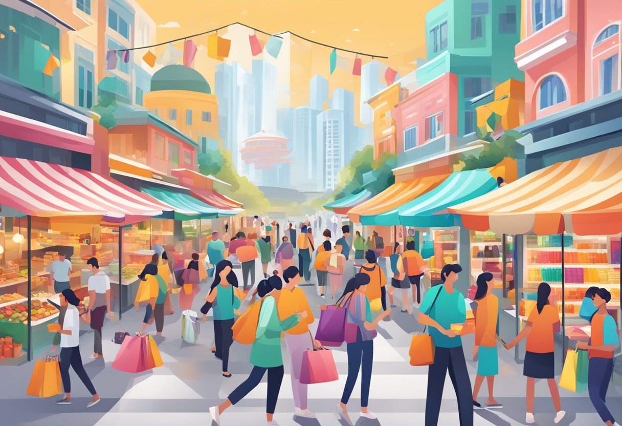 A bustling marketplace with diverse products, bright colors, and happy shoppers using Amazon promo codes in Singapore