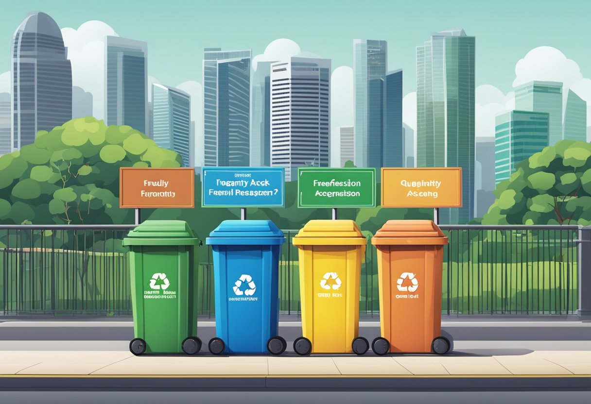 A stack of colorful recycling bins in Singapore, labeled "Frequently Asked Questions," stands against a city backdrop
