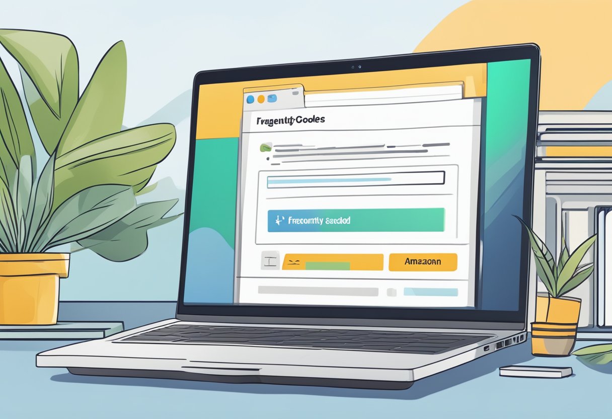 A laptop displaying "Frequently Asked Questions amazon promo code singapore" with a cursor hovering over the search bar