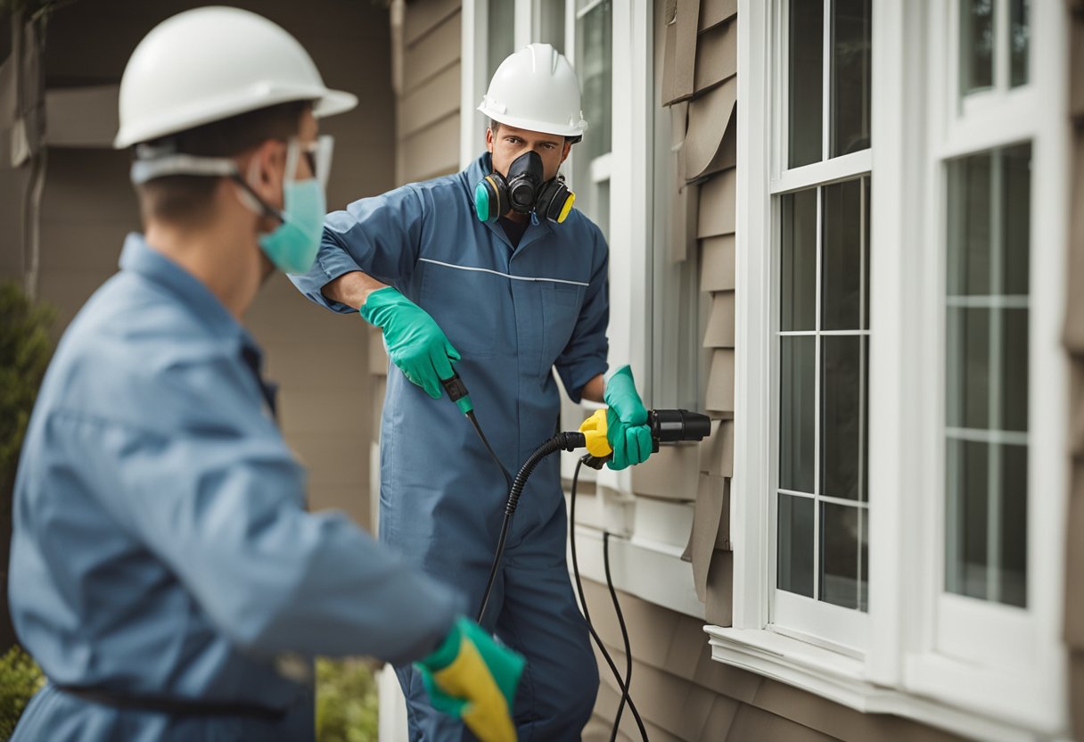 A professional pest control technician sprays a home's perimeter, seals cracks, and removes clutter to prepare for treatment