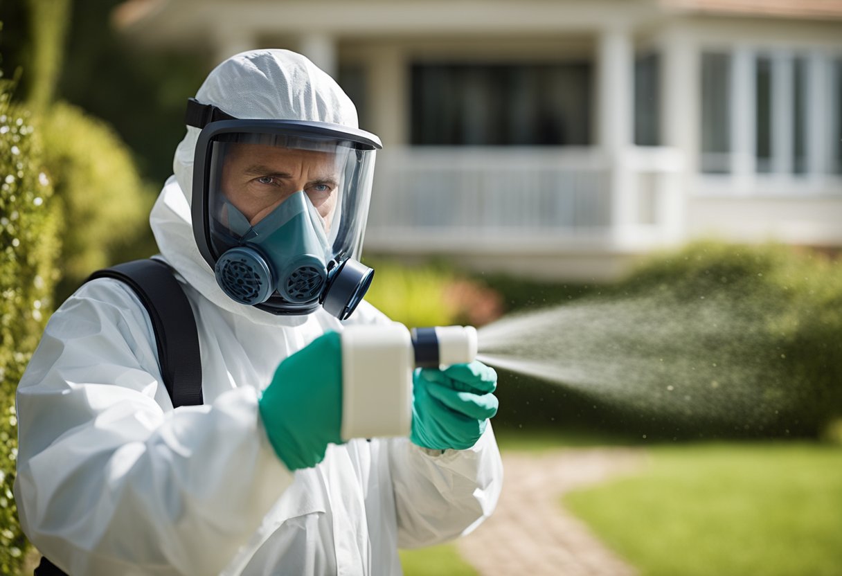 A pest control professional wearing protective gear sprays treatment around the perimeter of a home, while ensuring all windows and doors are sealed