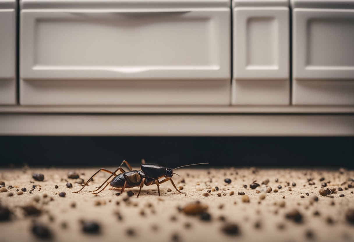 Common household pests, such as cockroaches and rodents, infest a cluttered kitchen, posing health risks. A spider crawls across a damp, moldy corner, while ants swarm around spilled food