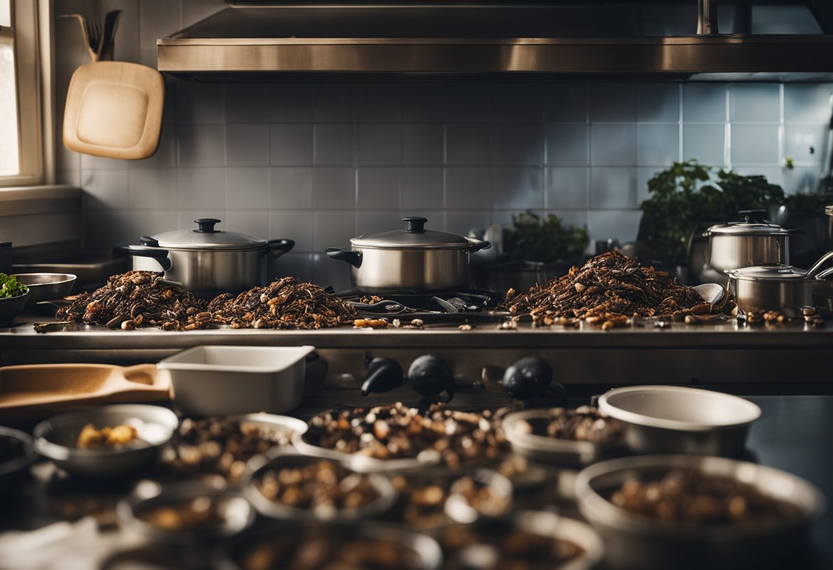 A cluttered kitchen with cockroaches crawling on food and surfaces, moldy areas, and droppings near stored food