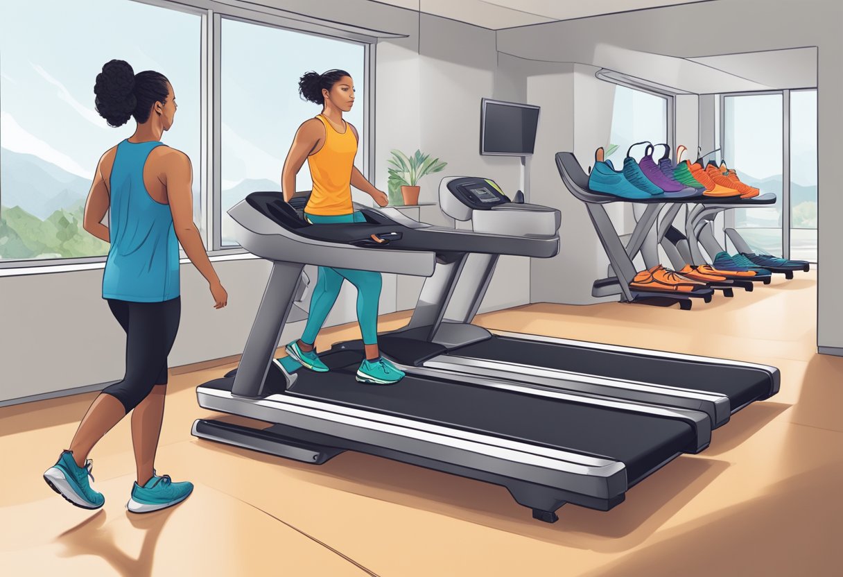 A runner trying on different shoes, analyzing their fit and support on a treadmill, with a variety of shoe options displayed nearby