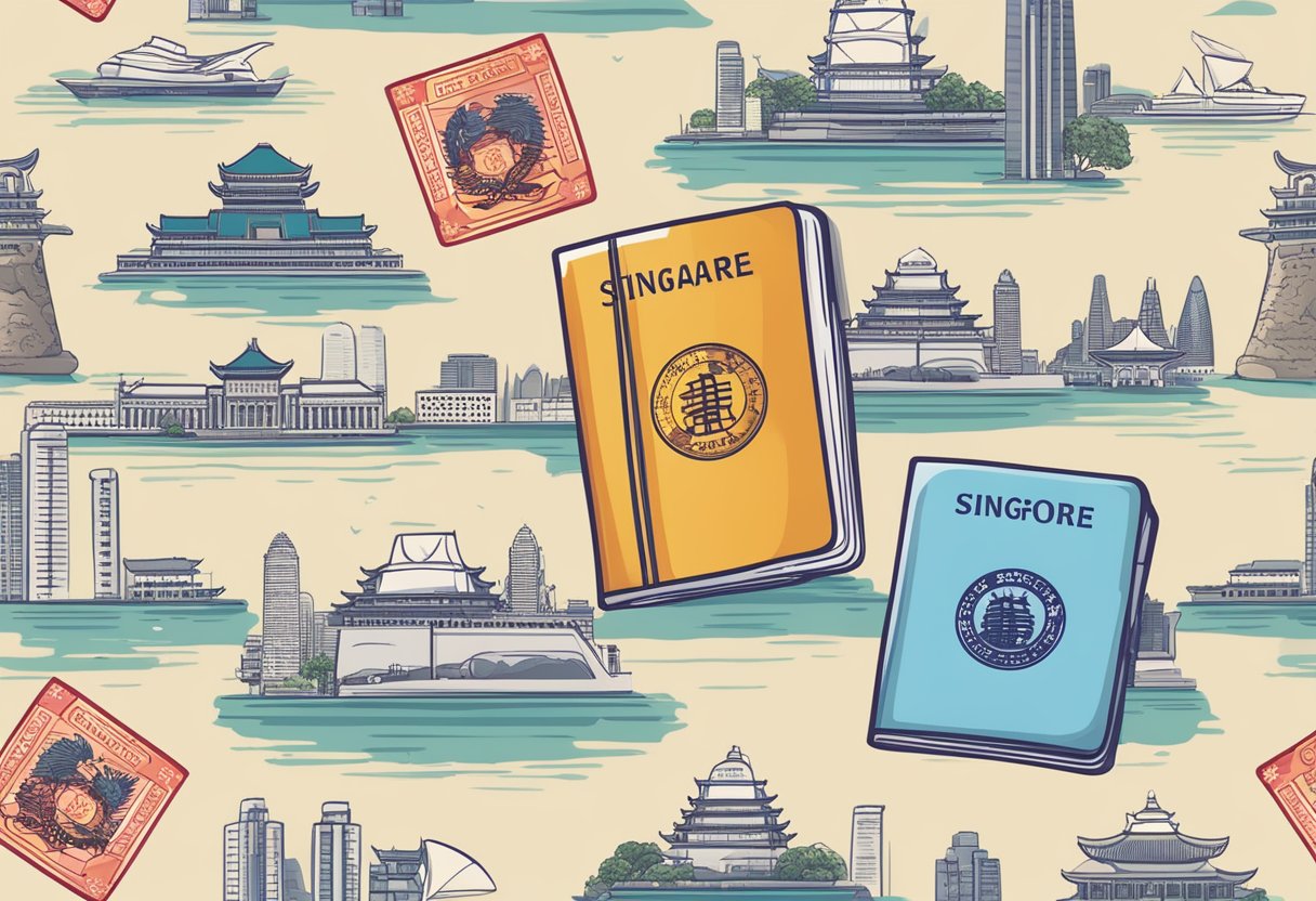 A passport with "Singapore" and "China" stamps, against a backdrop of iconic landmarks from both countries