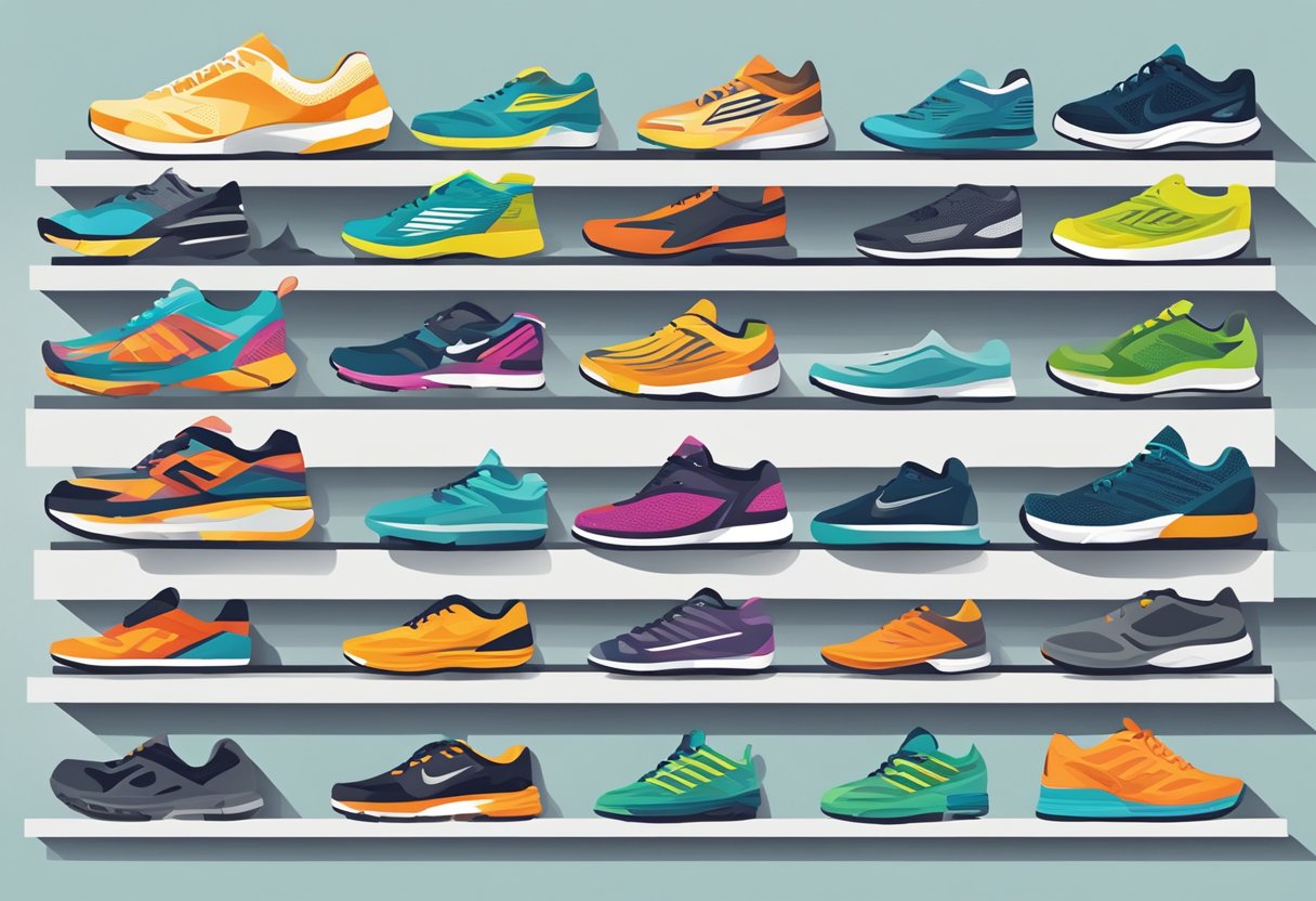 A variety of running shoes displayed on shelves, each with different features and designs to cater to different running styles