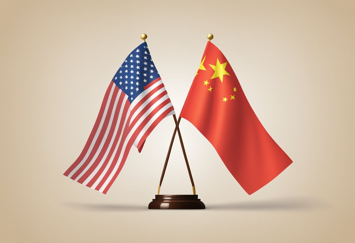 Two flags of Singapore and China side by side, with a document symbolizing the visa-free agreement between the two countries