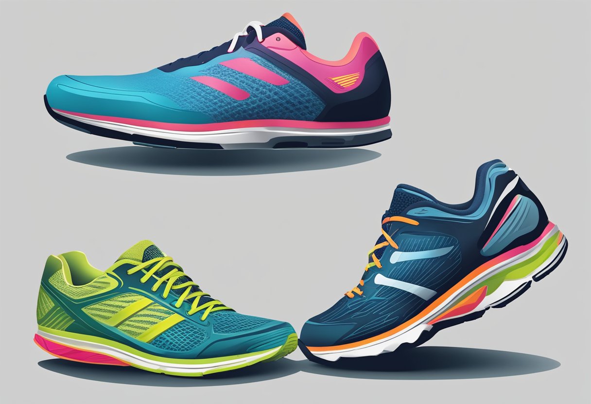 A runner examines various shoe types, comparing cushioning and support, while considering their running style and foot shape