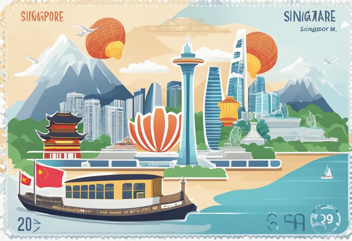 A passport with Singapore and China stamps, surrounded by iconic landmarks of both countries