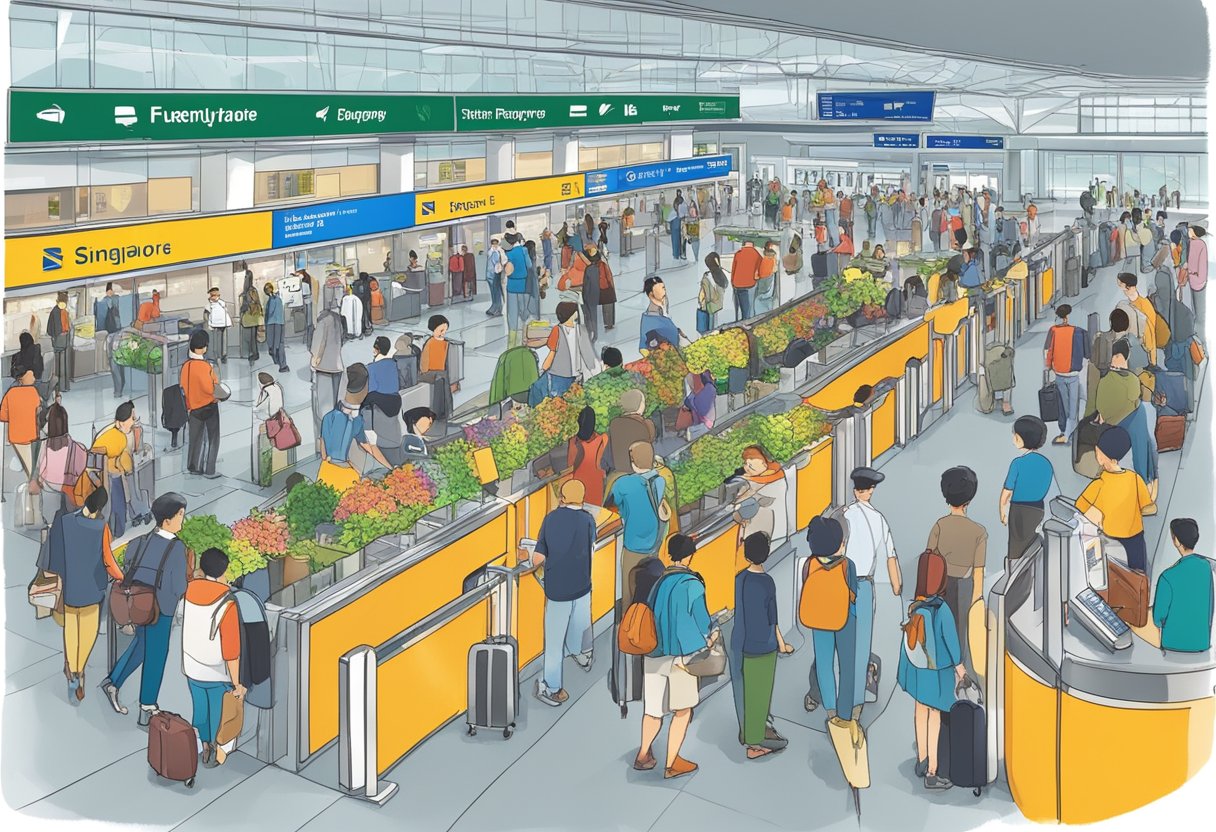 A bustling airport terminal with travelers in line at the visa-free entry counter for Singapore and China. Signs and information boards indicating "Frequently Asked Questions" are prominently displayed