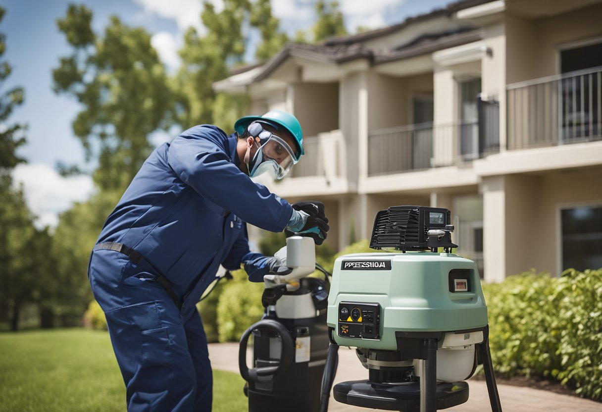 Pest control technician inspecting and treating multi-family housing units using professional equipment and following operational practices for effective pest control