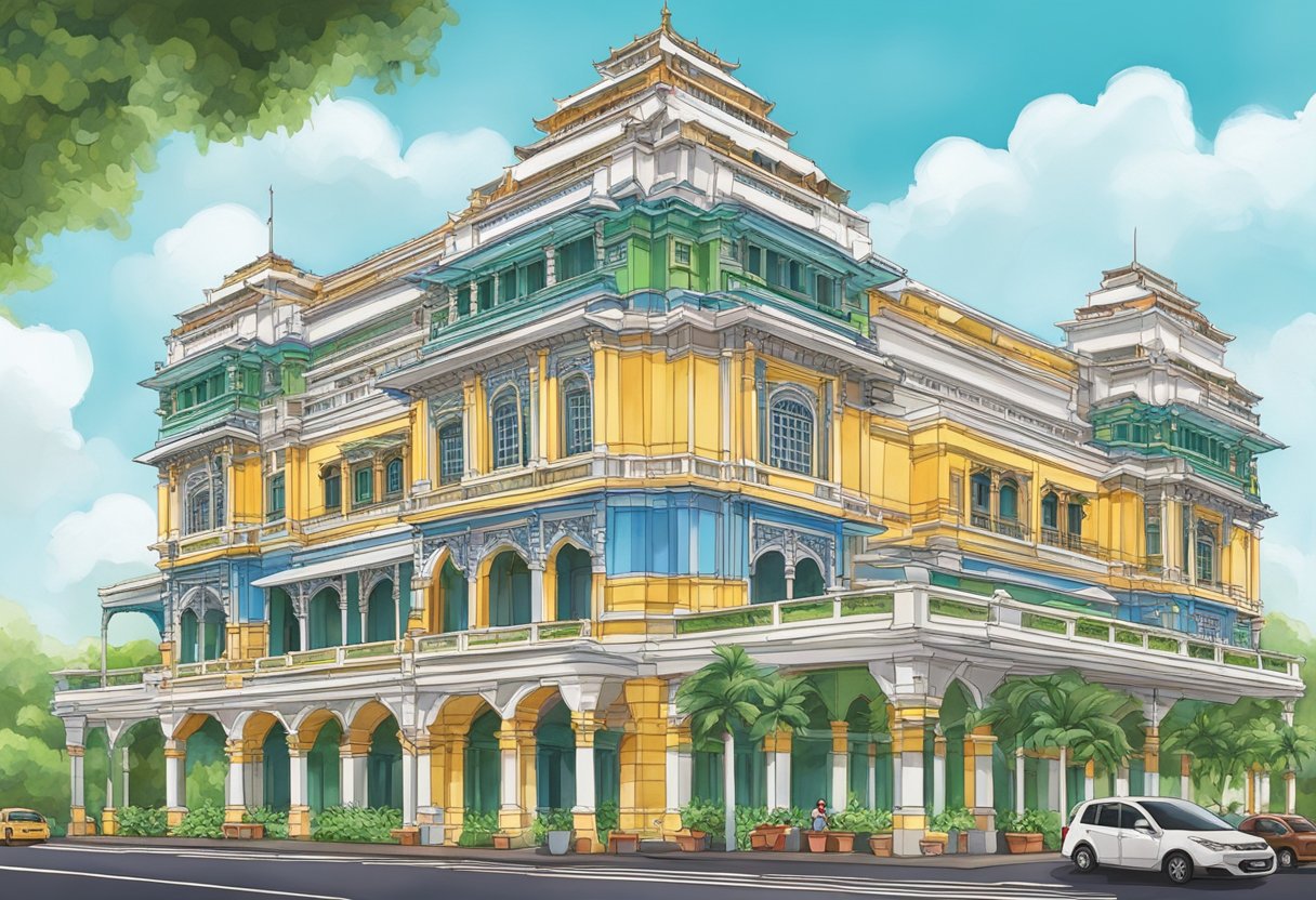 The iconic Ananda Bhavan building in Singapore stands tall with its vibrant colors and intricate architectural details, showcasing the rich history of the establishment