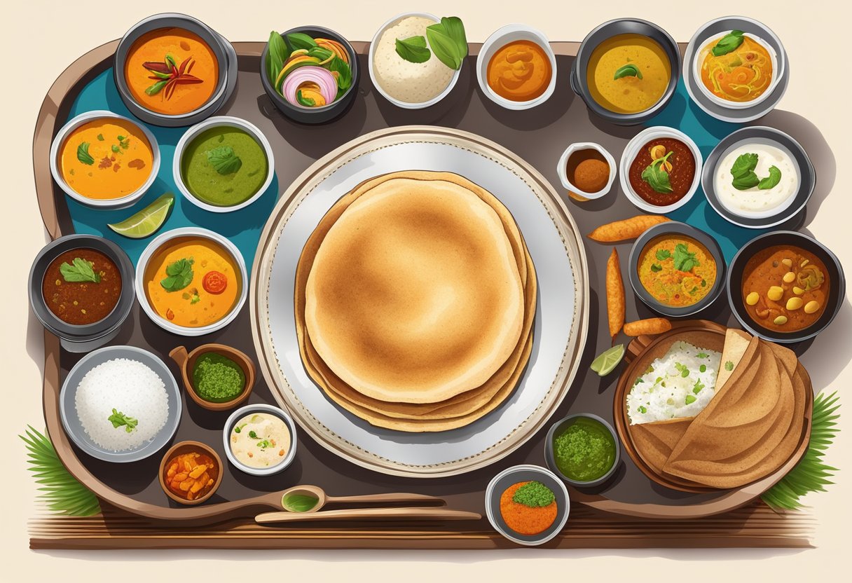 A table set with South Indian dishes like dosa, idli, and vada, accompanied by chutneys and sambar. Vibrant colors and aromatic spices fill the air