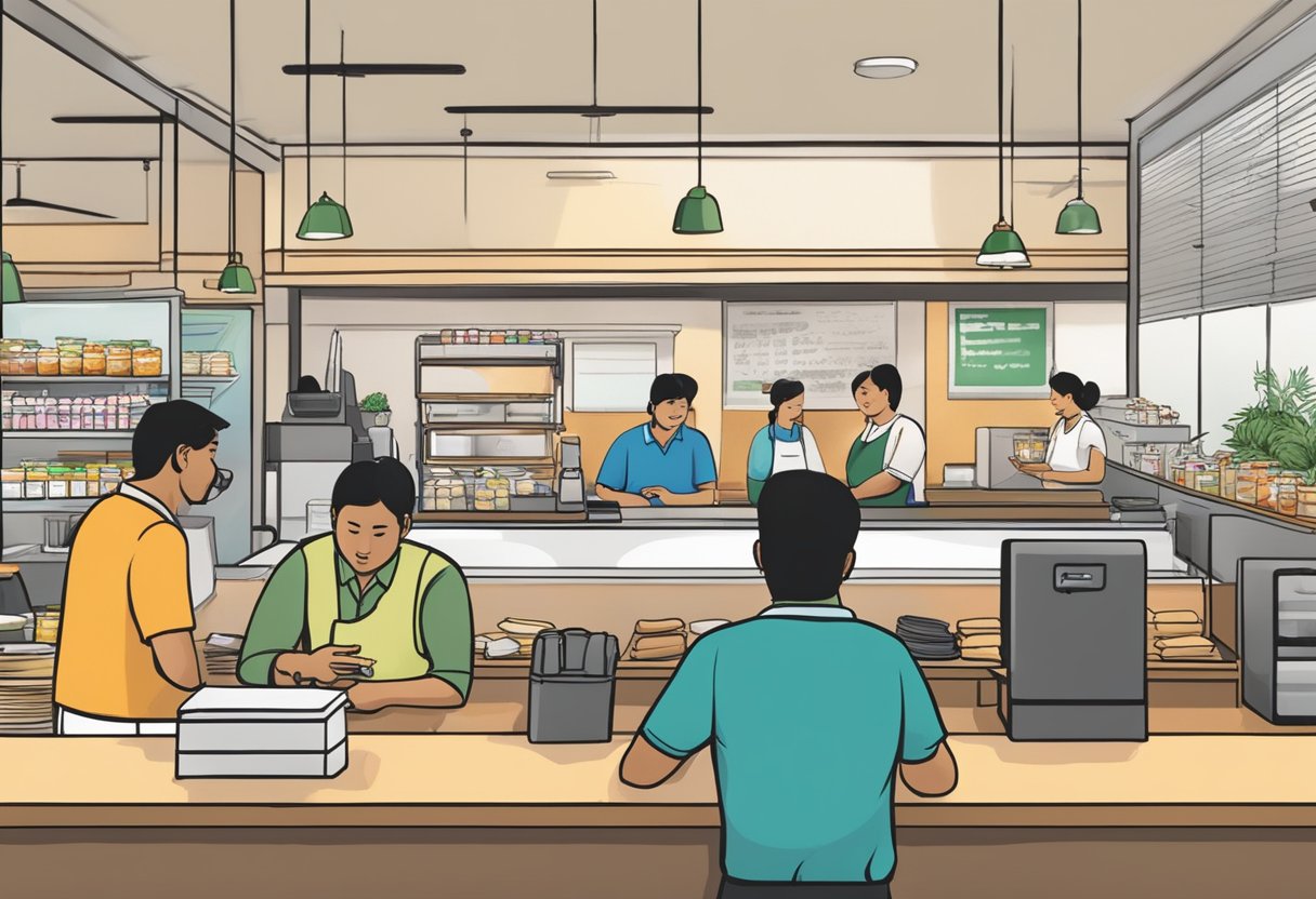 Ananda Bhavan, Singapore, bustling with customers asking questions at the counter, while staff members assist with a warm smile