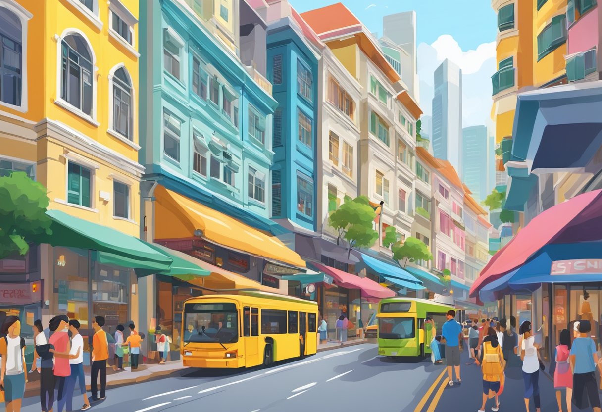 A bustling street in Singapore with colorful shopfronts and bustling with activity. The iconic architecture and vibrant energy of the city are on full display