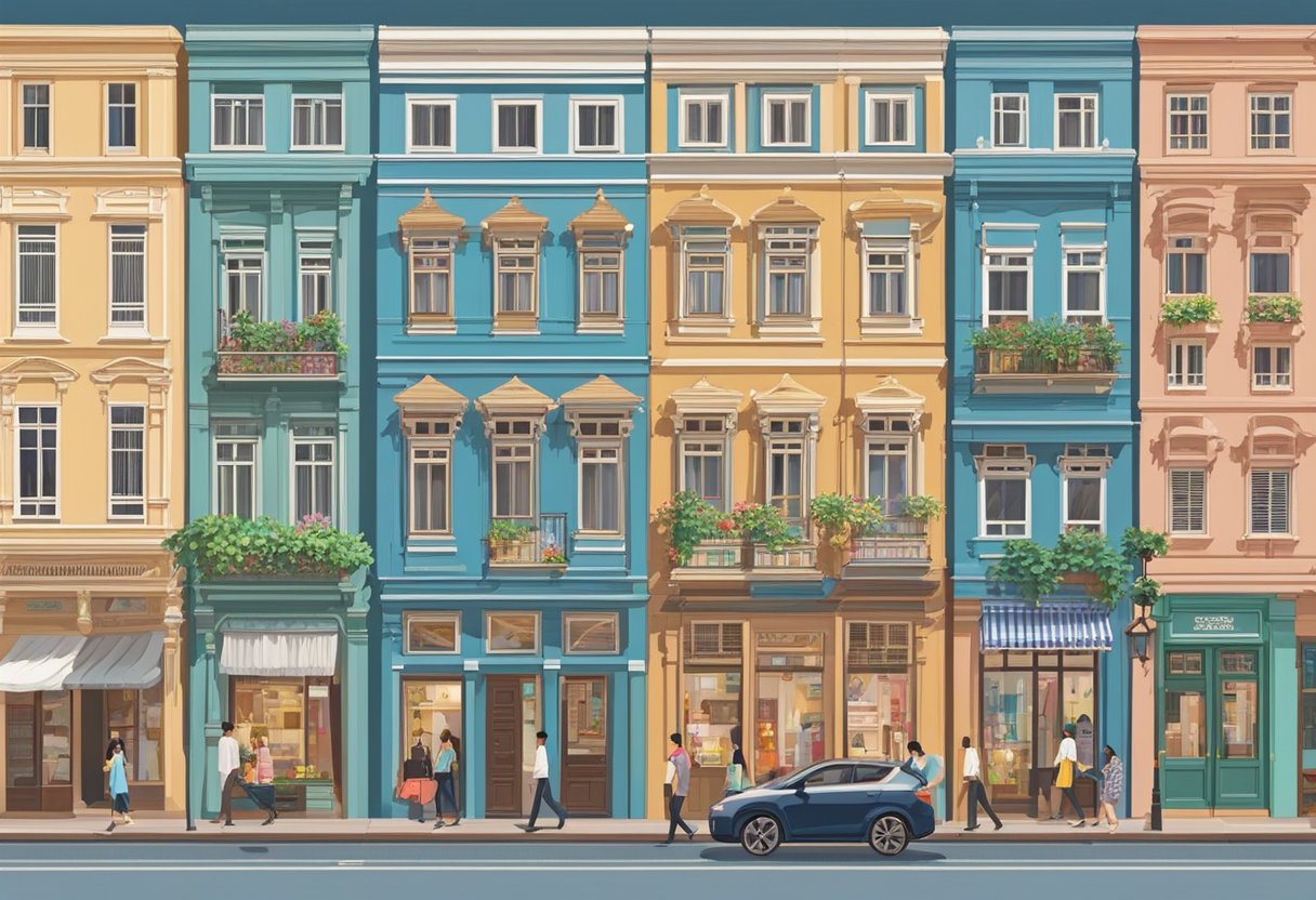 261 Waterloo Street, Singapore. A row of colorful shophouses with intricate architectural details and hanging lanterns. Busy street with people and vehicles