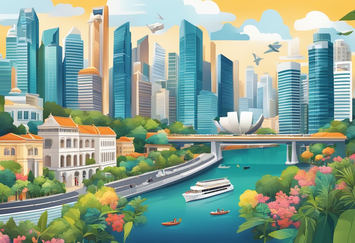 A bustling cityscape of Singapore with iconic landmarks and a diverse mix of people, showcasing the brand's strong presence and influence in the vibrant urban environment