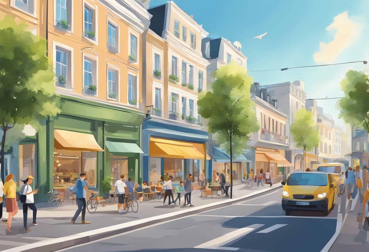 The bustling street with shops, cafes, and greenery. A mix of modern and traditional architecture. Pedestrians and vehicles in motion