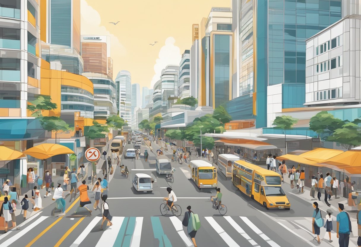 A bustling street with a prominent sign reading "Frequently Asked Questions 261 Waterloo Street Singapore." Pedestrians and vehicles fill the busy urban scene