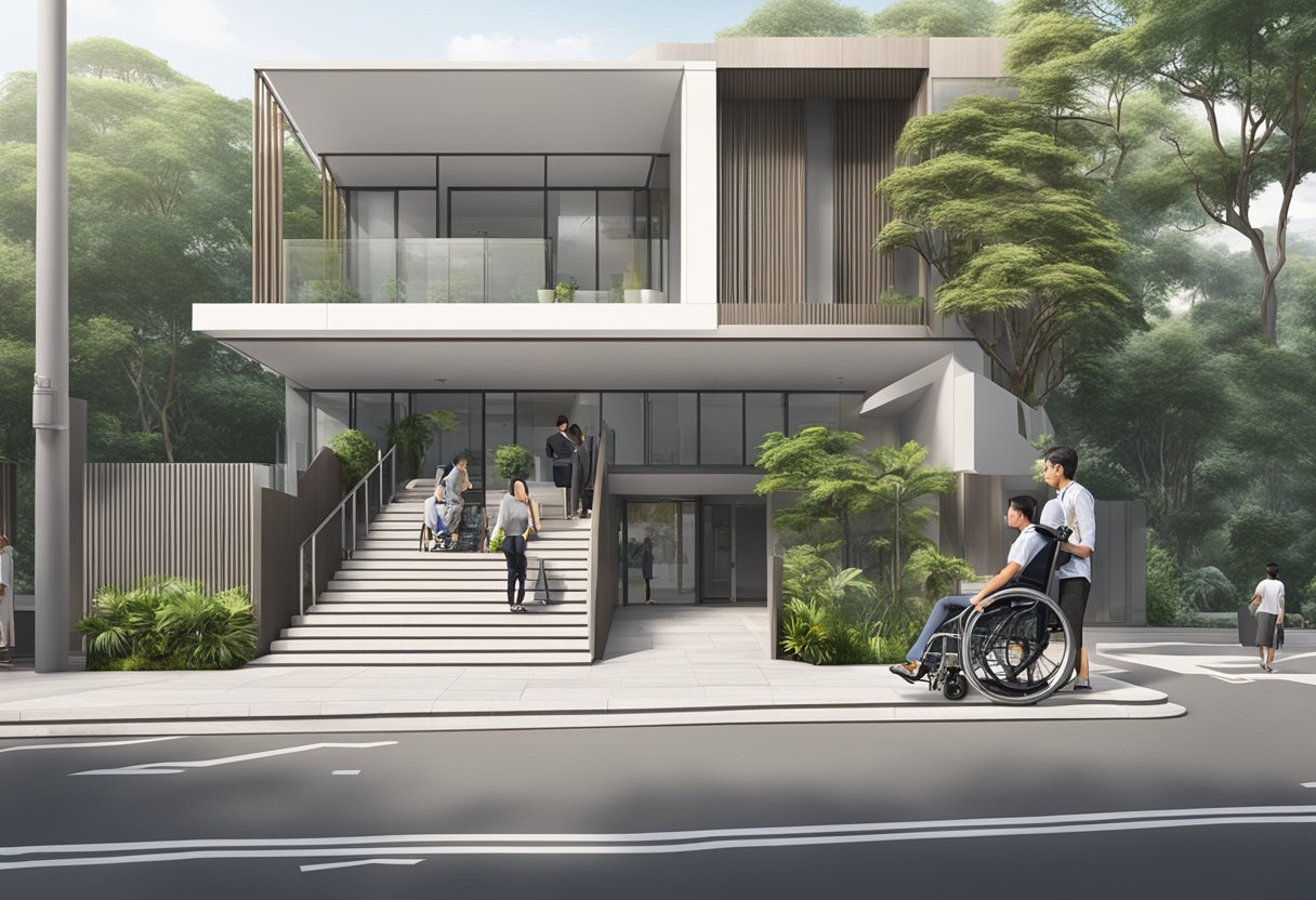 The entrance of 61 Robinson Road in Singapore, with wheelchair ramps and accessible amenities