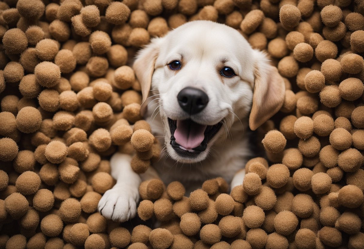 A dog scratching furiously, surrounded by tiny jumping fleas. A pile of pet bedding and toys infested with pests. Vacuum and flea treatment products nearby