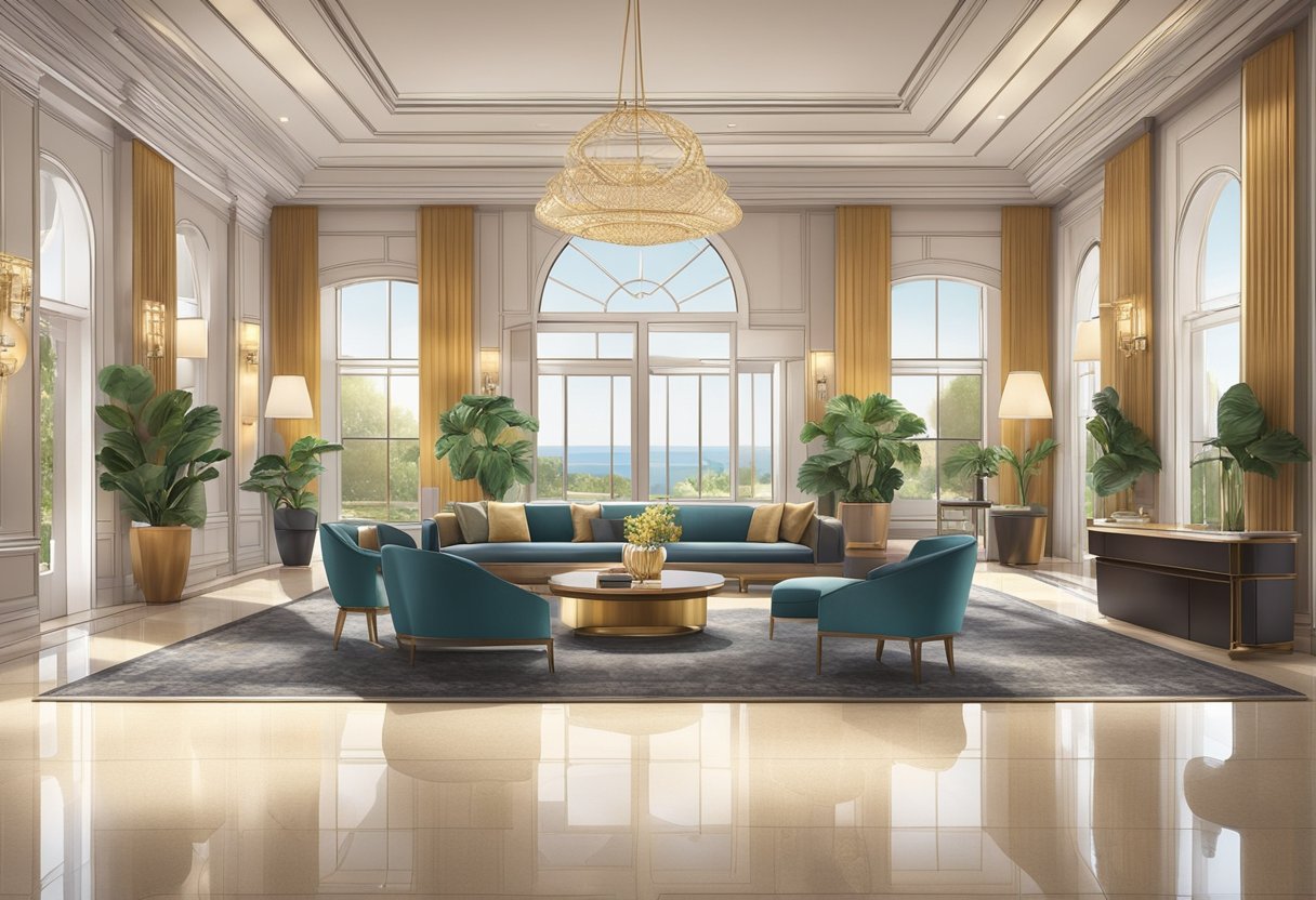 A luxurious hotel lobby with modern furnishings, a grand reception desk, and a cozy lounge area. The space is filled with natural light and adorned with elegant decor, creating a welcoming and comfortable atmosphere