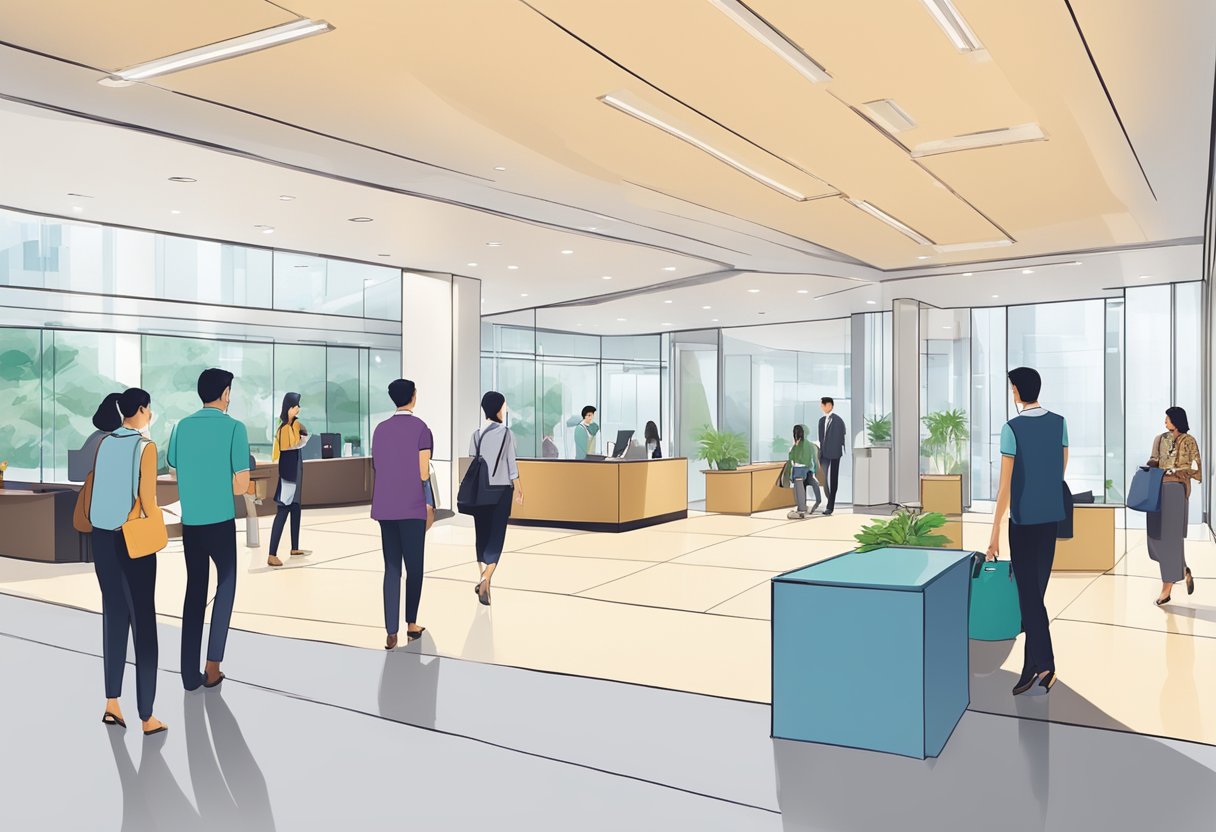 A bustling office lobby at 61 Robinson Road, Singapore, with people approaching a reception desk for frequently asked questions