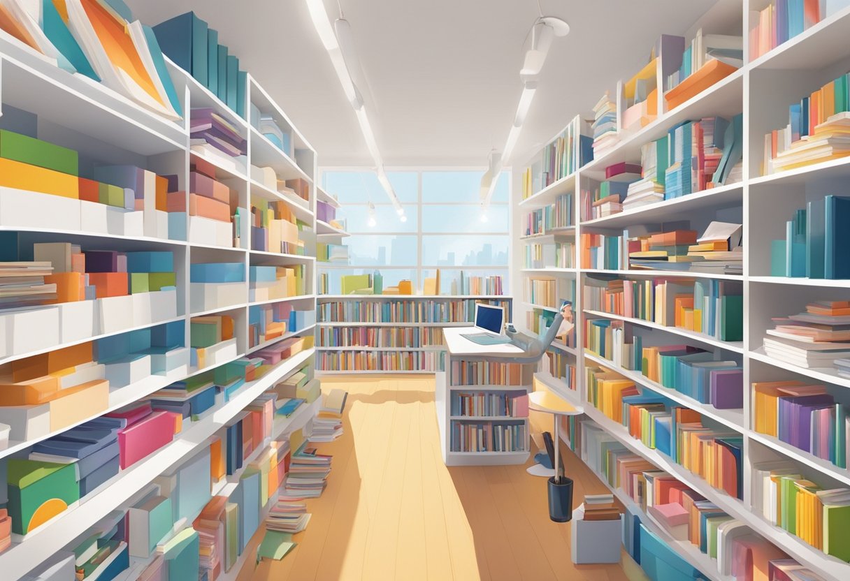 A colorful array of art and design books fills the shelves, while a group of creatives work together in a bright, modern space