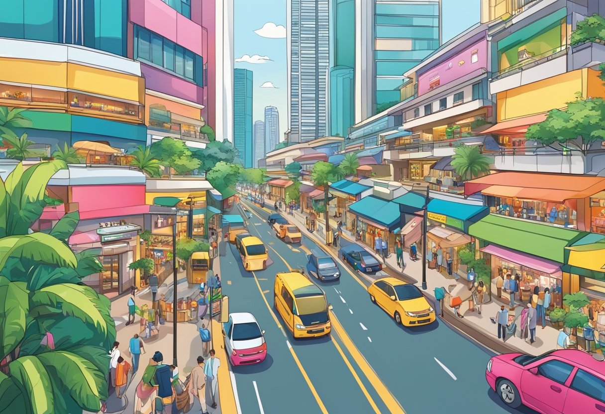 The bustling streets of Somerset Bencoolen in Singapore, with colorful shops and vibrant attractions, create a lively and energetic atmosphere